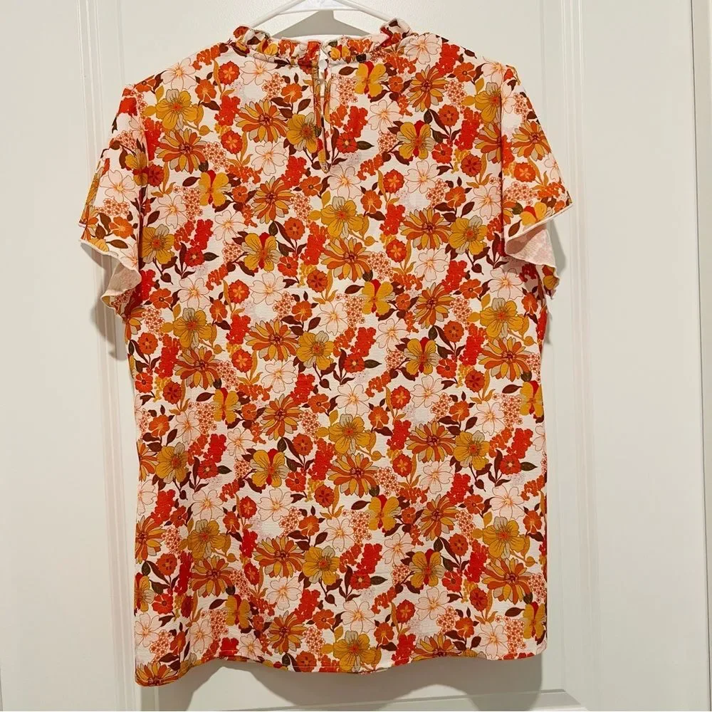 SimpleFun Women's Boho Top Floral Ruffle Short Sleeve Mock Neck Flowy Size Large - Picture 8 of 9